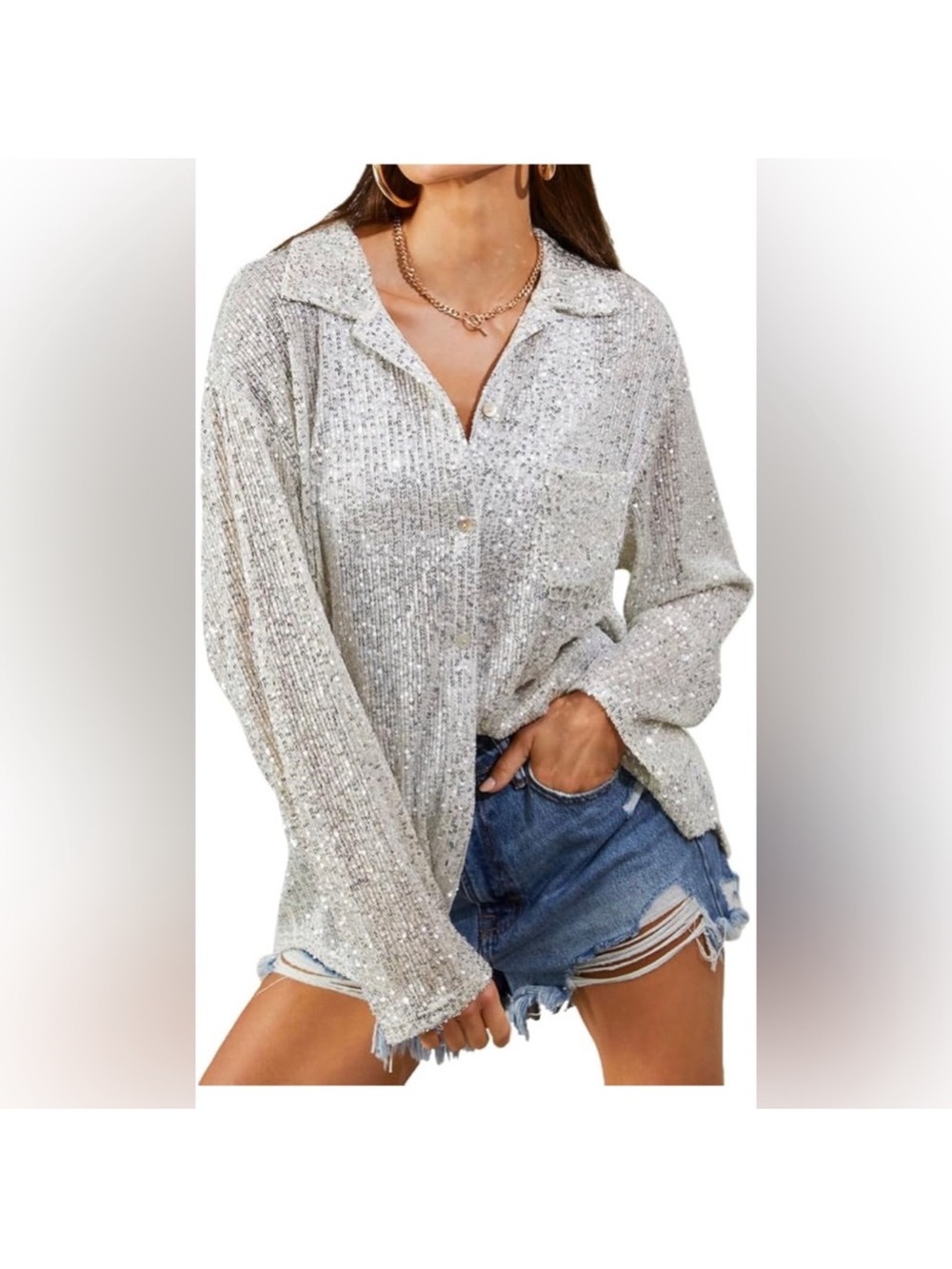 POL Womens Sequined Button Up Top Size Large Cream Silver Long Sleeve Hoilday